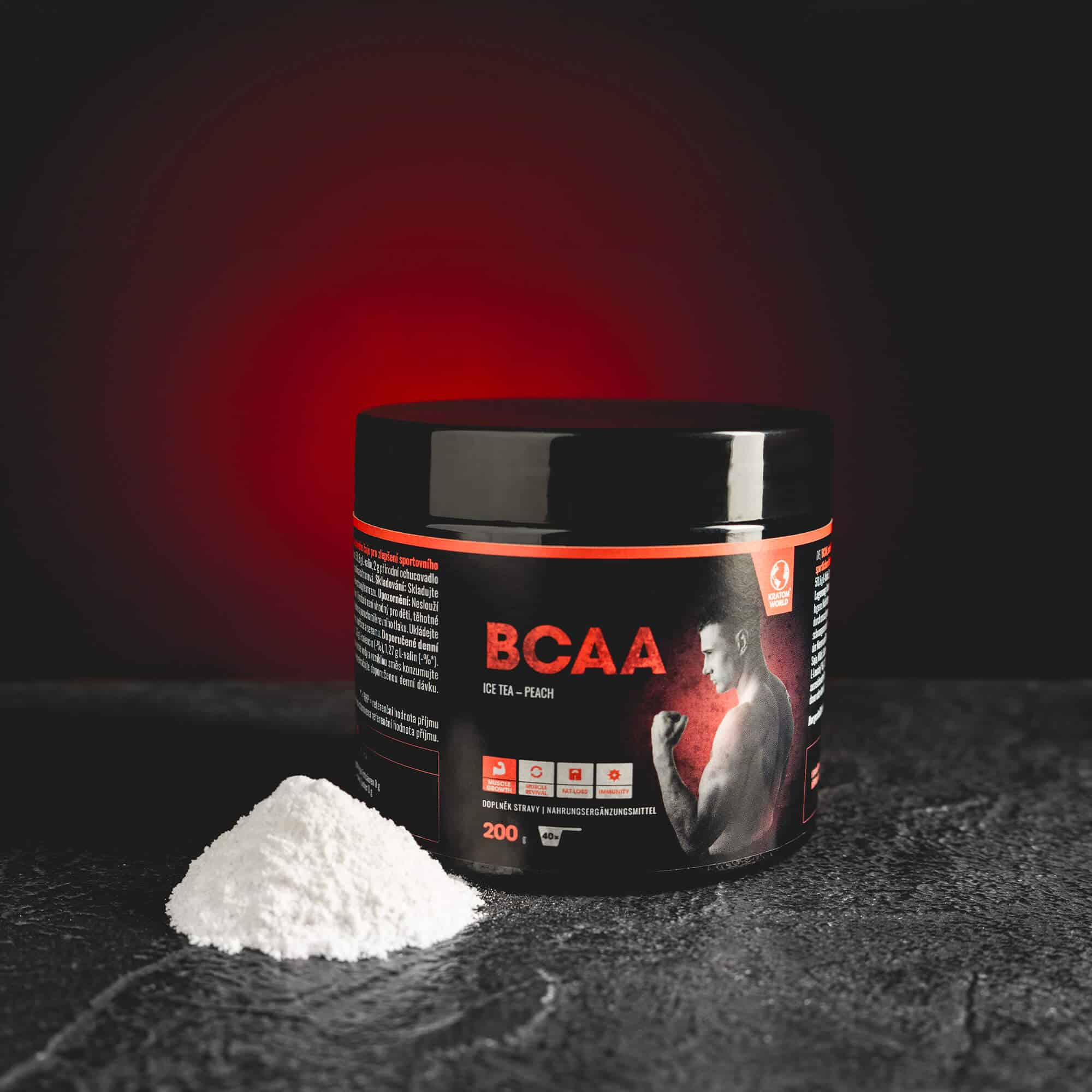 Supliment BCAA cu aminoacizi de la Kratom World, asociat cu brandul Břichta