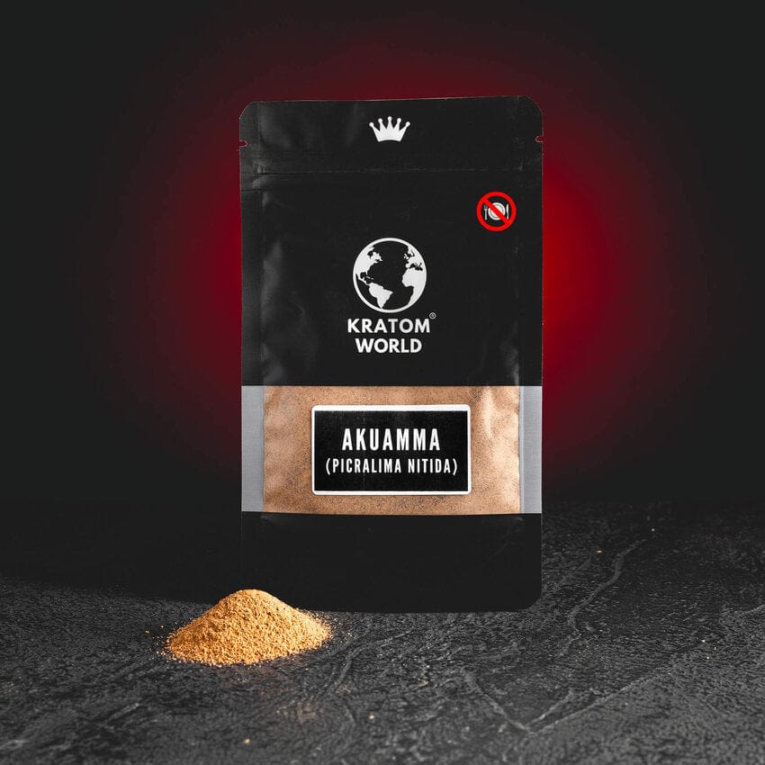 Pulbere din semințe de Akuamma de la Kratom World, prezentată în ambalajul original