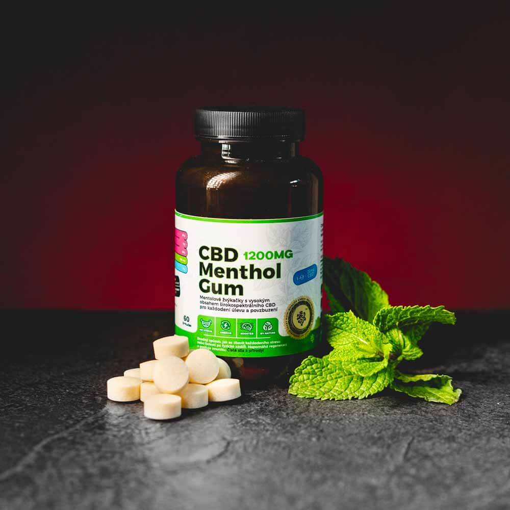 Gumă de mestecat cu CBD și mentol, cu un conținut total de 1200 mg CBD