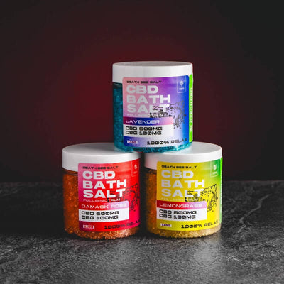 Colecție de săruri de baie cu CBD de la Kratom World, prezentată în mai multe variante