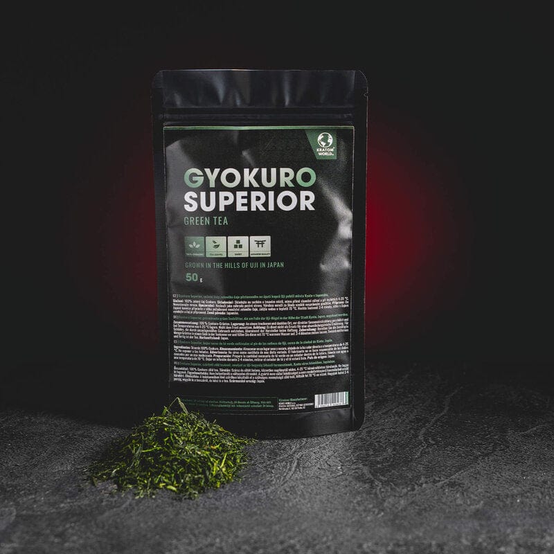 Ceai verde japonez Gyokuro Superior de la Kratom World, prezentat în ambalajul original