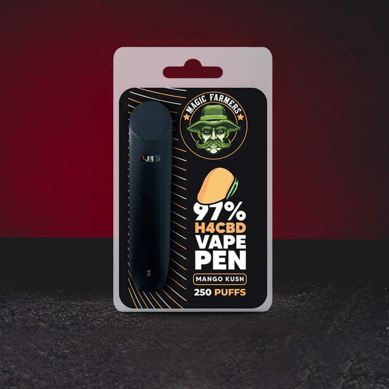 Vape H4CBD cu aromă de mango, prezentat în ambalajul original