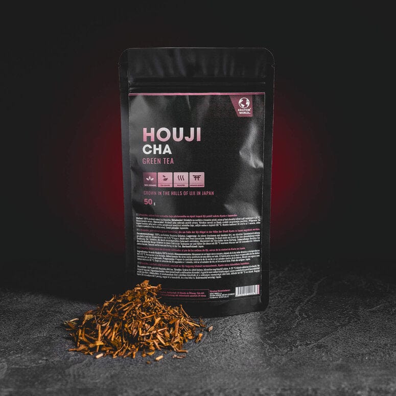 Ceai japonez prăjit Hojicha de la Kratom World, prezentat în ambalajul original