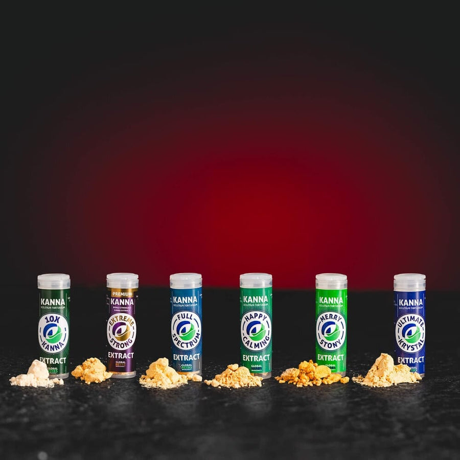 Selecție de extracte de Kanna Kratom World, inclusiv variante Full Spectrum, 10X și Extreme Strong