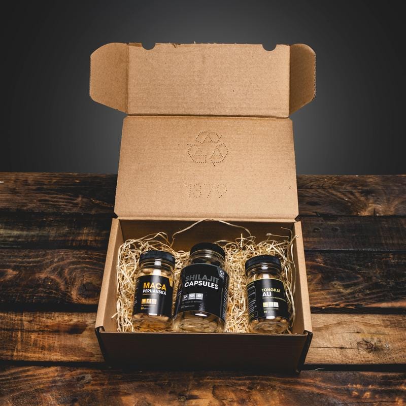 Pachet Kratom World cu shilajit, Tongkat Ali și maca peruană, prezentat ca set de suplimente alimentare