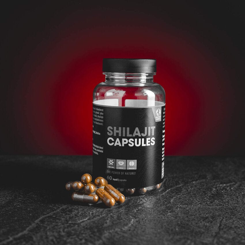Capsule Shilajit Mountain Blood de la Kratom World, prezentate în ambalajul original