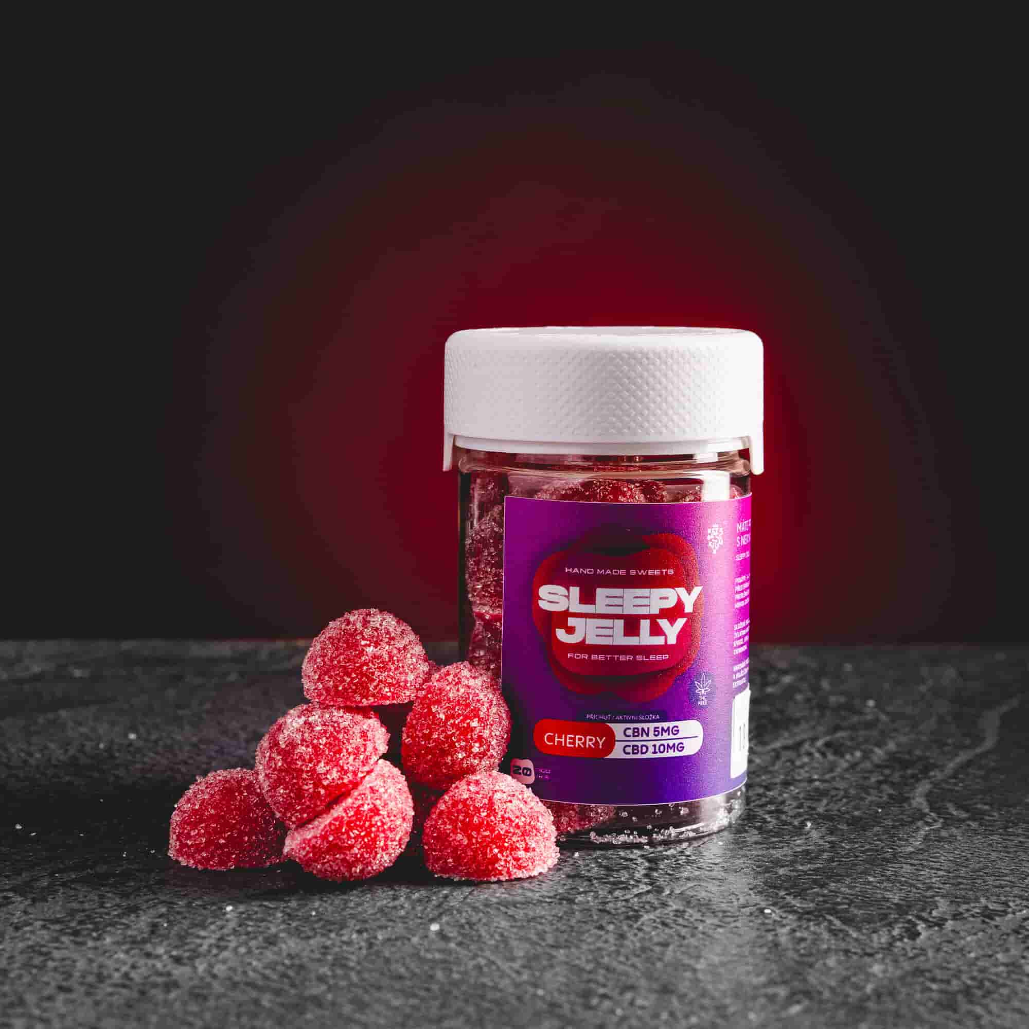Bomboane gelificate Sleep Jelly Cherry cu CBD de la Kratom World, cu aromă de cireșe