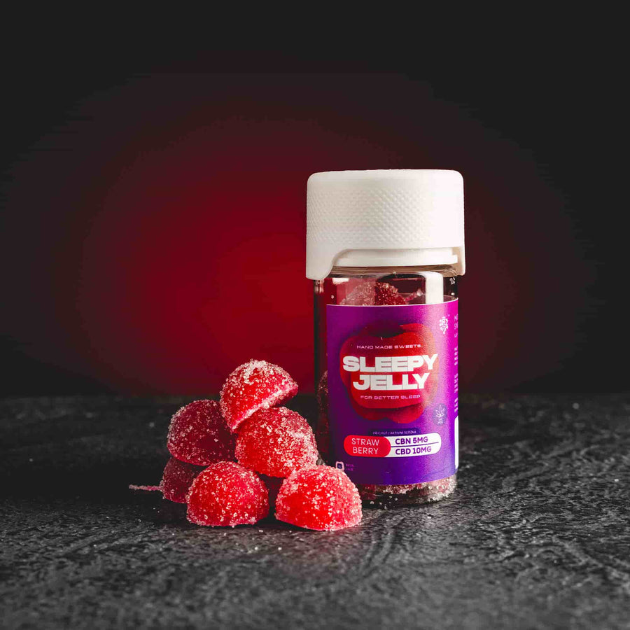 Bomboane gelificate Sleepy Jelly Strawberry S cu CBD de la Kratom World, cu aromă de căpșuni