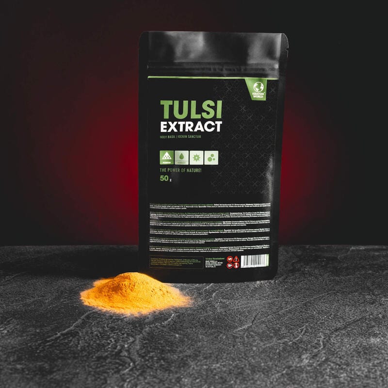 Extract de busuioc sfânt Tulsi de la Kratom World, prezentat în ambalajul original