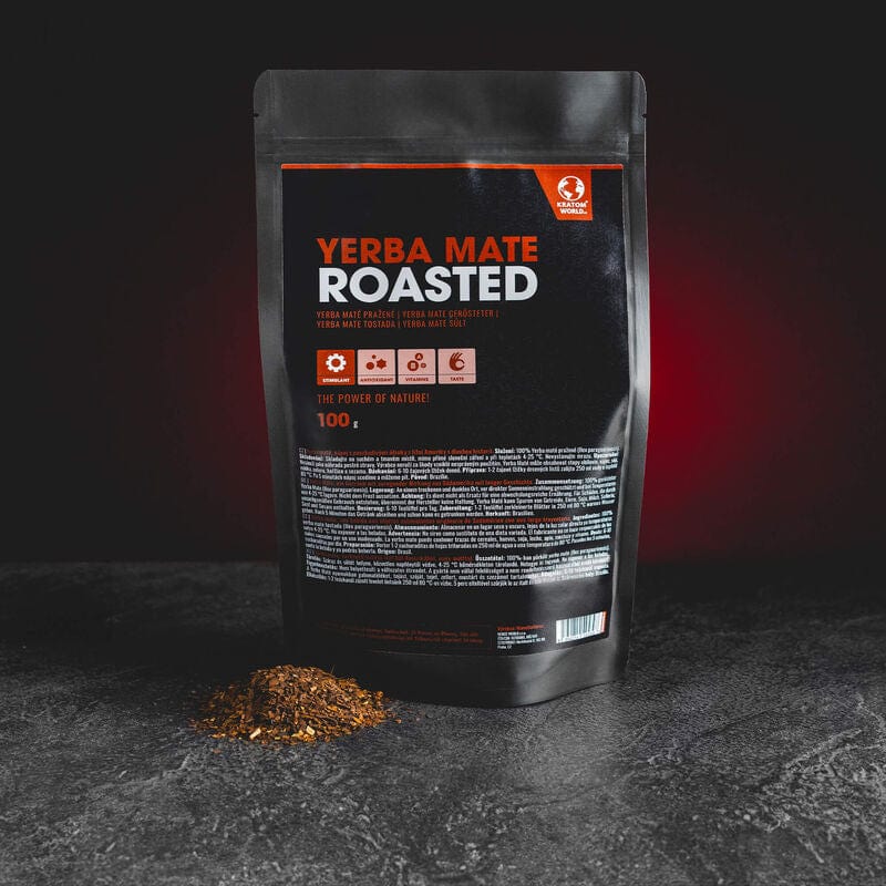Yerba Mate prăjită de la Kratom World, prezentată ca ceai în ambalajul original