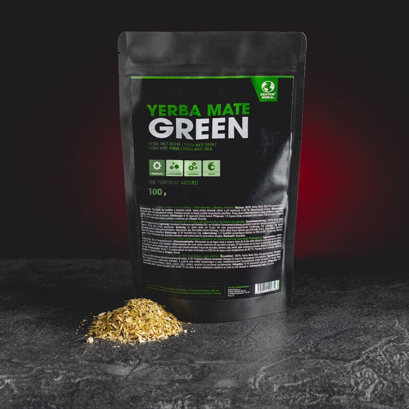 Ceai verde Yerba Mate de la Kratom World, prezentat în ambalajul original