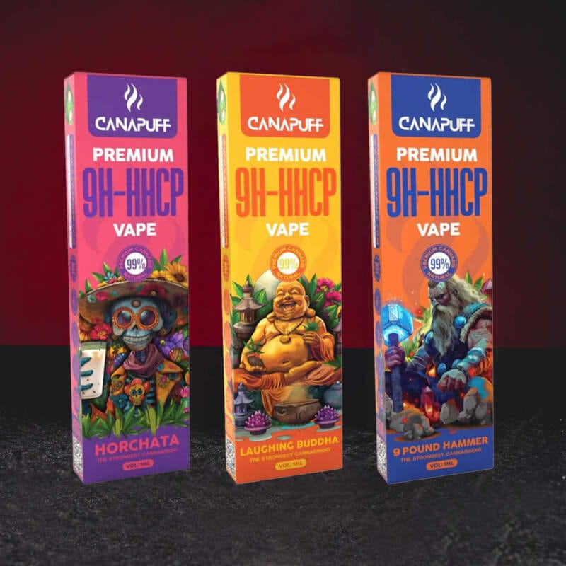 9H-HHCP Vape 99% 1ml Kratom World 9 Pound Hammer, Laughing Buddha și Horchata, fotografie de grup