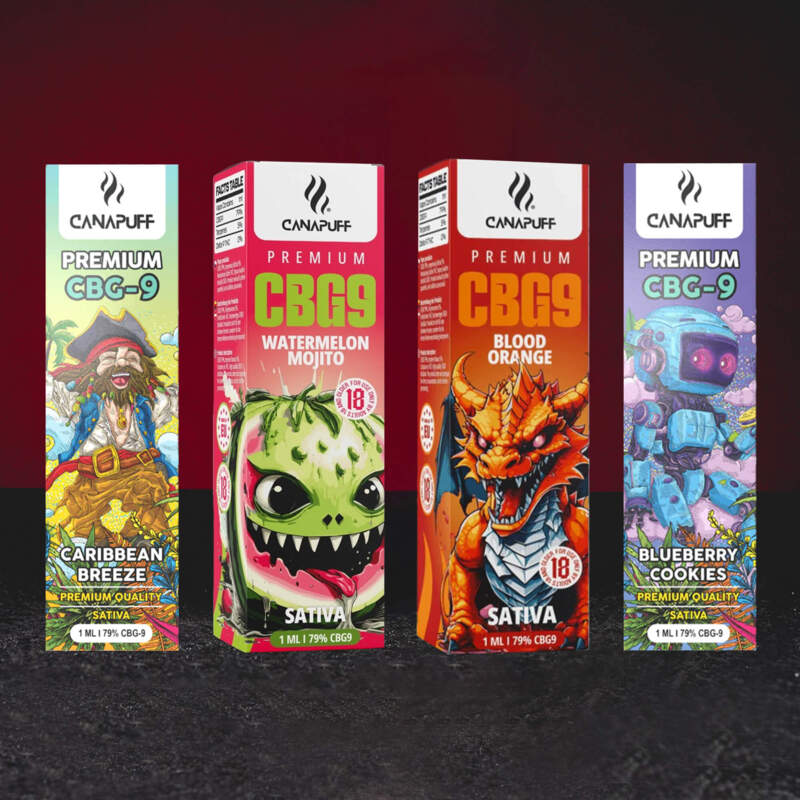 CBG9 Vape Pen 79% 1ml Kratom World Watermelon Mojito, Blueberry Cookie, Caribbean Breeze și Blood Orange, fotografie de grup