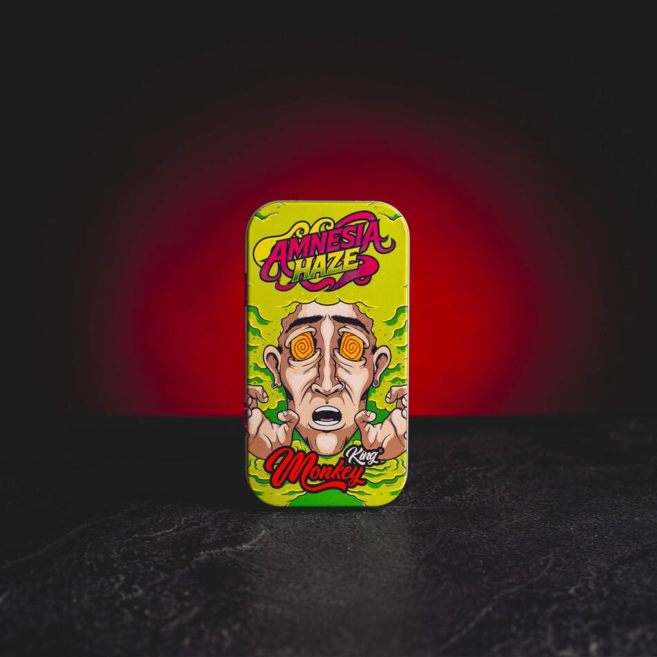 Monkey King Box Amnesia Haze Kratom World, cutie metalică cu motiv Amnesia Haze