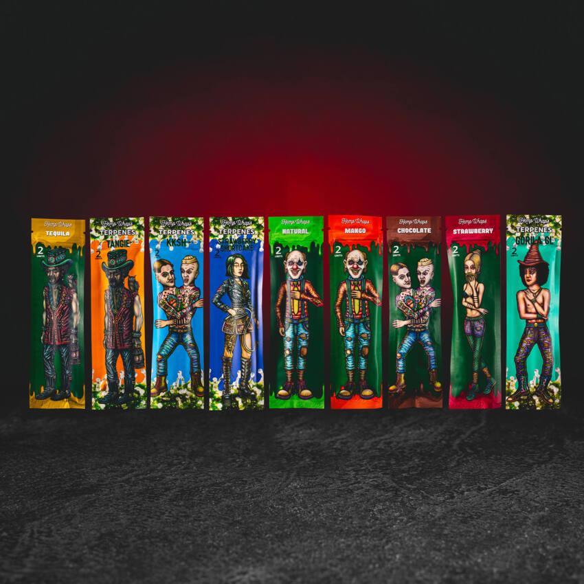 Lion Rolling Circus Wrap cu cânepă 2 buc - toate variantele de wrap-uri cu blunt din cânepă cu terpene: Ciocolată, Căpșuni Shortcake, KKSH, Mango, Tequila, Tangie și Căpșuni