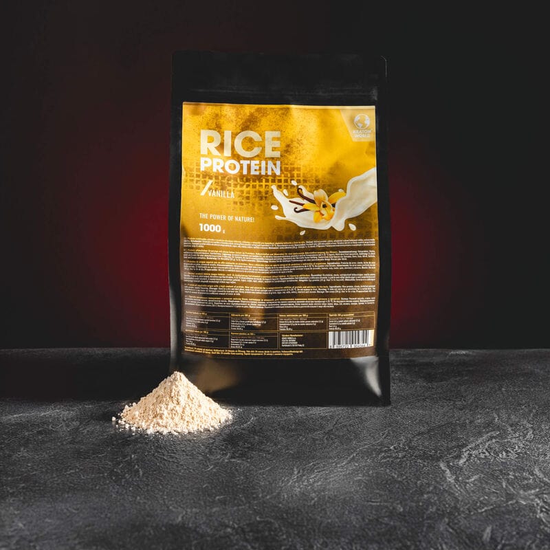 Proteină din orez cu aromă de vanilie de la Kratom World, potrivită pentru vegani.