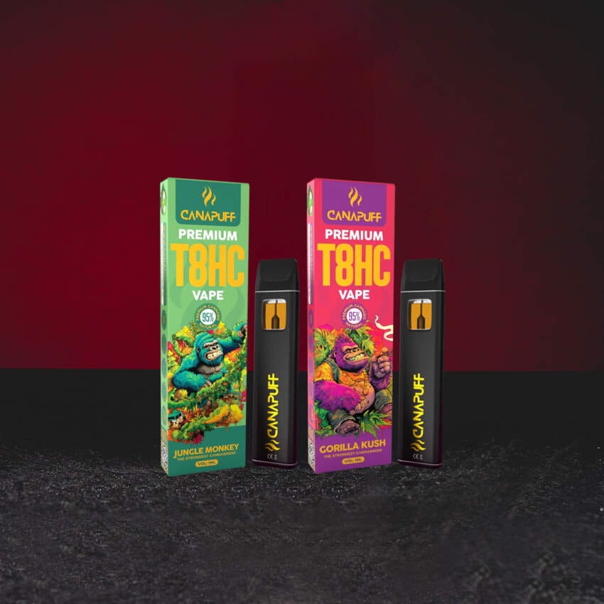 Set T8HC Vape 1 ml cu variantele Jungle Monkey și Gorilla Kush, un nou tip de canabinoid T8HC, vaporizatoare de unică folosință cu un profil echilibrat de euforie și relaxare, oferta completă Kratom World