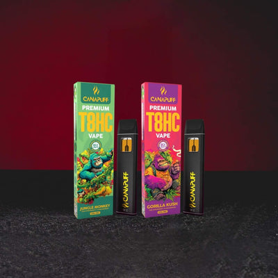 Set T8HC Vape 1 ml cu variantele Jungle Monkey și Gorilla Kush, un nou tip de canabinoid T8HC, vaporizatoare de unică folosință cu un profil echilibrat de euforie și relaxare, oferta completă Kratom World