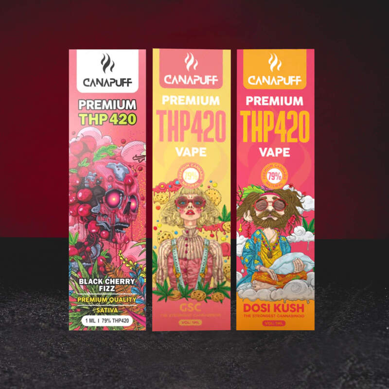 THP420 Vape Pen 79% 1ml Kratom World Black Cherry Fizz, GSC și Dosi Kush, fotografie de grup