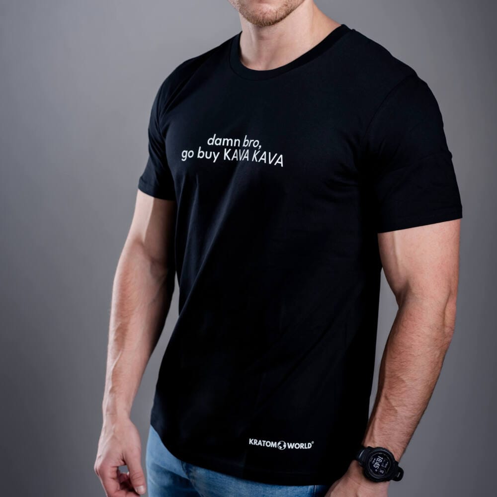 Tricou pentru bărbați negru Kratom World Damn Bro Go Buy Kava Kava, merch streetwear pentru iubitorii de kratom, detaliu