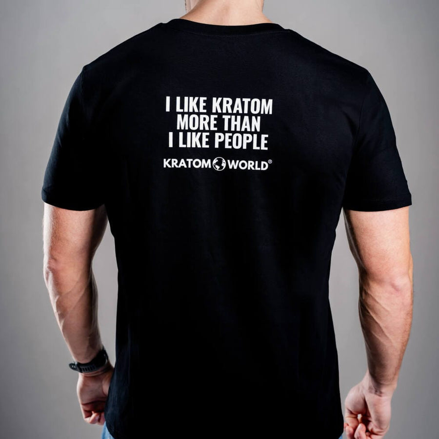 Tricou pentru bărbați negru Kratom World I Like Kratom More Than I Like People, merch streetwear pentru iubitorii de kratom, partea din spate