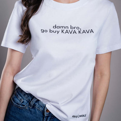 Tricou de damă Kratom World Damn Bro Go Buy Kava Kava, merch streetwear pentru iubitorii de kratom, detaliu