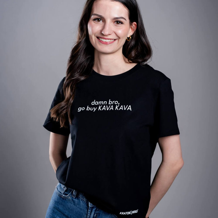 Tricou de damă negru Kratom World Damn Bro Go Buy Kava Kava, merch streetwear pentru iubitorii de kratom