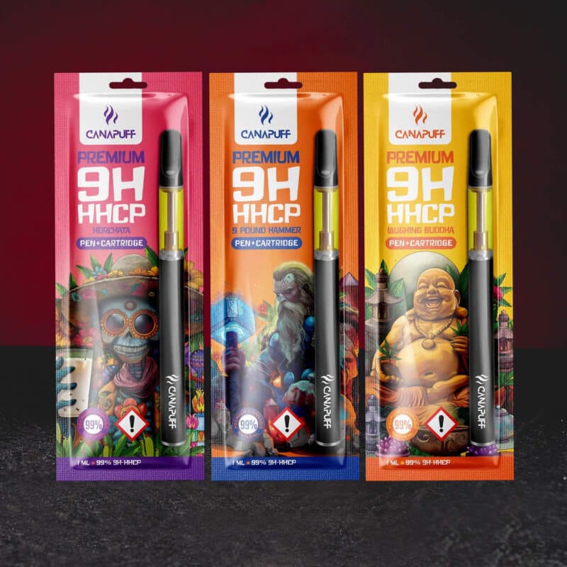 Set Vape 9H-HHCP 99% 1ml Kratom World 9 Pound Hammer, Laughing Buddha și Horchata, fotografie de grup